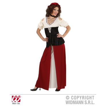 Déguisement de tavernière médiévale pour femme avec robe longue rouge et blanche, corset noir et manches bouffantes, coiffée d’un bonnet rouge.