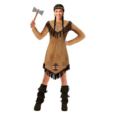 Femme déguisée en indienne avec robe à franges et tomahawk | jourdefete.com