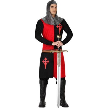 Déguisement de chevalier croisé rouge avec capuchon maille et tunique noire et rouge | jourdefete.com