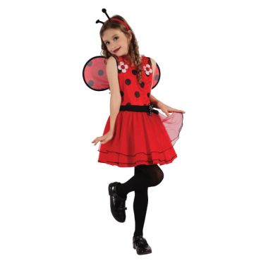 Enfant déguisée en coccinelle avec robe rouge à pois et ailes | jourdefete.com