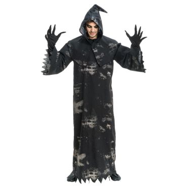 Homme déguisé en faucheur d’âmes avec costume noir usé et capuche pointue | jourdefete.com