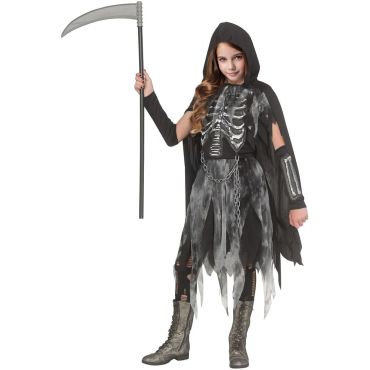 Jeune fille déguisée en faucheuse squelette avec cape noire | jourdefete.com