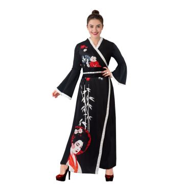 Femme portant un déguisement geisha noir avec imprimé traditionnel japonais | jourdefete.com