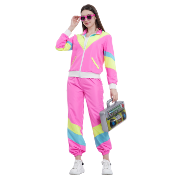 Femme déguisée en survêtement fluo rétro rose années 80 | jourdefete.com