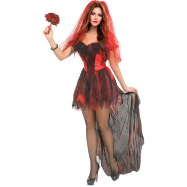 Femme déguisée en mariée rouge et noire gothique pour Halloween, avec voile | jourdefete.com
