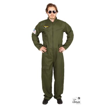 Déguisement homme pilote de chasse avec combinaison kaki et écussons | jourdefete.com