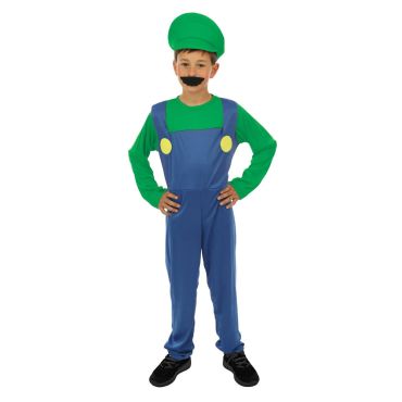 Enfant déguisé en plombier vert et bleu avec moustache noire et casquette | jourdefete.com