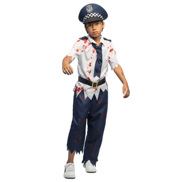 Garçon portant un déguisement de policier zombie pour Halloween avec chemise ensanglantée et casquette | jourdefete.com Garçon portant un déguisement de policier zombie pour Halloween avec chemise ensanglantée et casquette | jourdefete.com