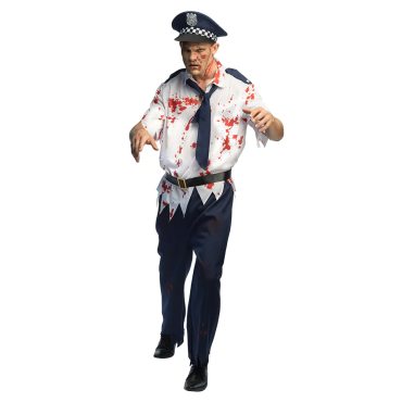 Homme arborant un costume de policier zombie couvert de faux sang pour la fête d'Halloween | jourdefete.com Homme arborant un costume de policier zombie couvert de faux sang pour la fête d'Halloween | jourdefete.com