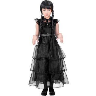 Fille déguisée avec une robe noire façon Mercredi Addams pour Halloween | jourdefete.com