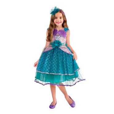 Déguisement sirène enfant avec robe écailles et serre-tête fleuri | jourdefete.com