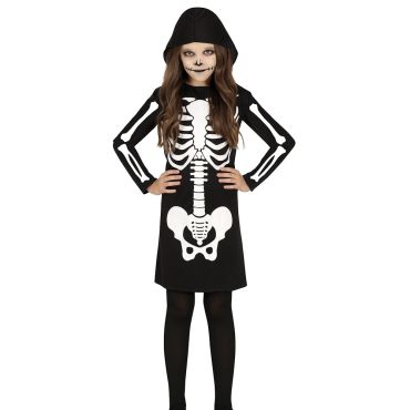 Déguisement Halloween fille en robe squelette noire avec capuche | jourdefete.com