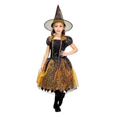 Fille déguisée en sorcière avec costume noir et orange scintillant pour Halloween | jourdefete.com