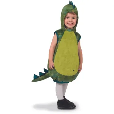 Bébé en costume de dinosaure vert avec capuche et crête dorsale, rugissant avec enthousiasme | jourdefete.com