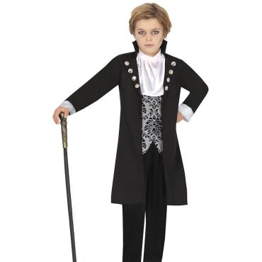 Enfant déguisé en vampire élégant avec manteau noir et gilet argenté | jourdefete.com