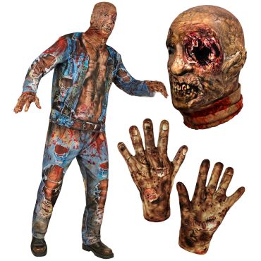 Déguisement Halloween zombie homme avec masque, gants et costume ensanglanté | jourdefete.com