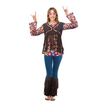 Déguisement hippie femme avec haut coloré et pantalon à franges | jourdefete.com