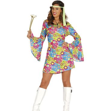 Déguisement robe hippie femme années 70 colorée avec bandeau | jourdefete.com