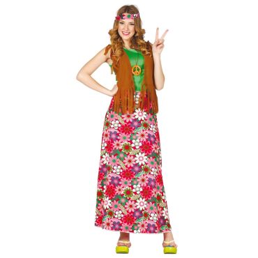 Déguisement hippie femme robe longue fleurie années 70 avec bandeau et gilet à franges | jourdefete.com
