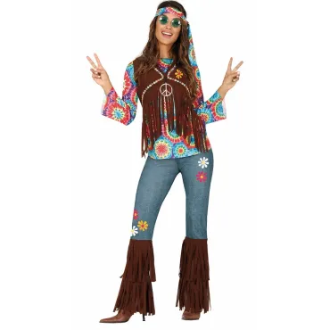 Déguisement hippie femme robe longue fleurie années 70 avec bandeau et gilet à franges | jourdefete.com