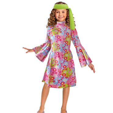Enfant déguisée en hippie avec robe fleurie multicolore et manches évasées | jourdefete.com