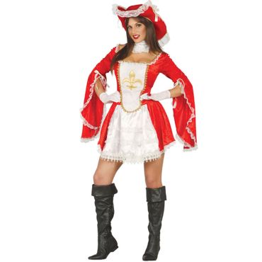 Déguisement de mousquetaire femme rouge et blanc avec robe courte, chapeau assorti, vue de face.