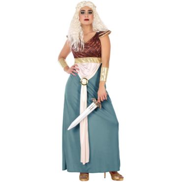 Déguisement de princesse guerrière pour femme avec longue robe bleu et or, ceinture à drapé blanc, brassards dorés et épée factice.