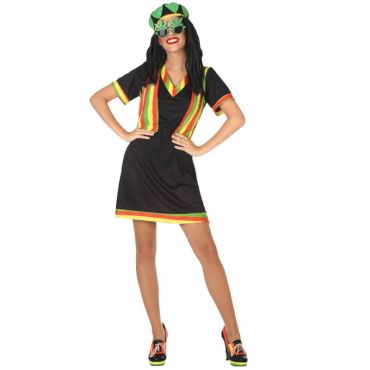 Femme portant un déguisement jamaïcain avec robe noire et bandes vertes, jaunes et rouges, perruque rasta, lunettes et casquette assorties | jourdefete.com