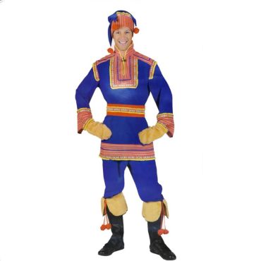 Homme déguisé en costume traditionnel lapon bleu et orange avec bonnet, ceinture et sur-bottes en fausse fourrure.