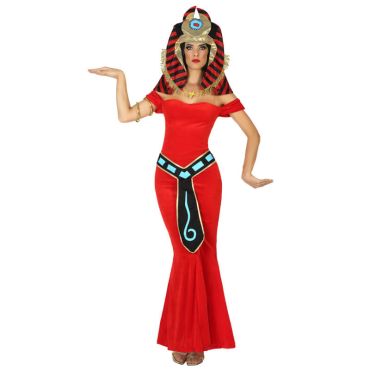 Déguisement femme reine égyptienne luxe avec robe rouge moulante et coiffe pharaonique dorée et noire.