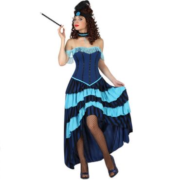 Femme déguisée en danseuse de cabaret, portant une robe bustier bleue à volants, style western burlesque avec résille noire.