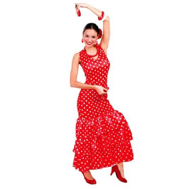 Femme déguisée en danseuse flamenco andalouse avec robe rouge à pois blancs et volants.