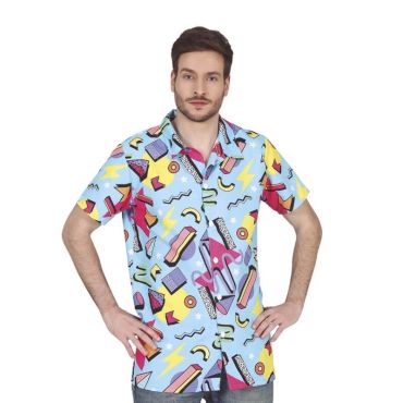 Chemise homme à motifs rétro colorés style années 80, idéale pour soirée déguisée ou carnaval.