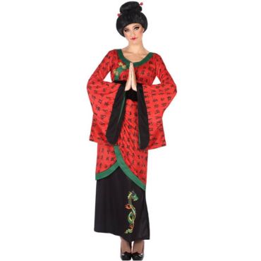 Déguisement femme geisha rouge et noir avec motifs asiatiques et dragon vert brodé.