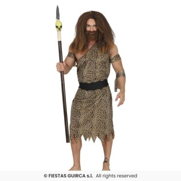 Déguisement pour homme composé d'une tunique sous le genou de couleur léopard et avec une seule bretelle asymétrique. Il y a également des bandeaux à disposer sur les bras.