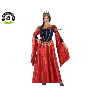 Déguisement reine médiévale rouge et bleu pour femme avec manches longues évasées et couronne dorée | jourdefete.com