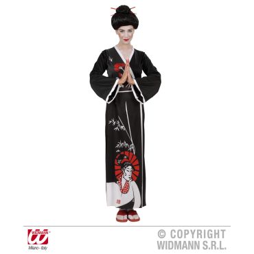 Déguisement de geisha noire pour femme avec motifs rouges et blancs, kimono élégant à manches longues