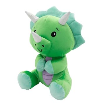 Poids ballon peluche dinosaure vert avec ventre violet et trois cornes | jourdefete.com
