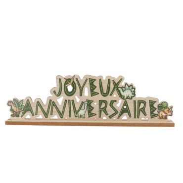 Centre de table "Joyeux Anniversaire" avec dinosaures en bois vert pour anniversaire enfant | jourdefete.com