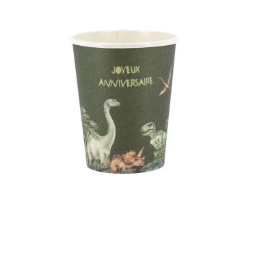 Gobelets anniversaire dinosaure vert avec illustration et message Joyeux Anniversaire | jourdefete.com