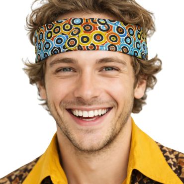 Bandeau disco années 70 à motifs bulles multicolores porté sur la tête | jourdefete.com