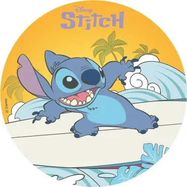 Disque azyme rond avec Stitch surfant sur les vagues, fond jaune et palmiers | jourdefete.com