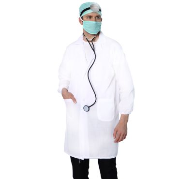 Homme déguisé en docteur avec blouse blanche, calot, masque et stéthoscope | jourdefete.com