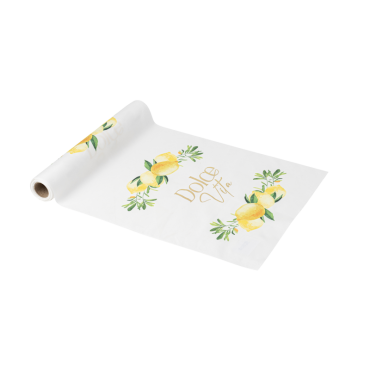 Chemin de table Dolce Vita tissu blanc, jaune et or 28 cm x 5 m | jourdefete.com