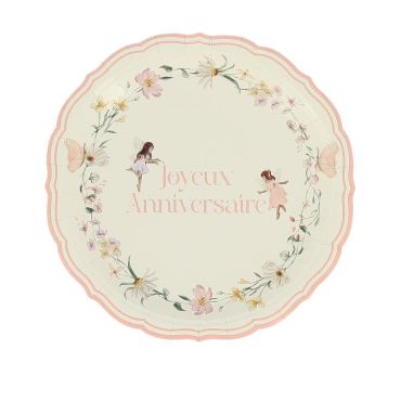 Assiettes anniversaire fleurs et fées rose pastel Joyeux Anniversaire 23 cm | jourdefete.com