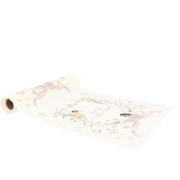 Chemin de table anniversaire féerique avec motifs de fées et rubans roses | jourdefete.com