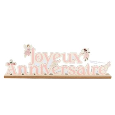 Centre de table en bois rose "Joyeux Anniversaire" avec fées pour décoration anniversaire féerique | jourdefete.com