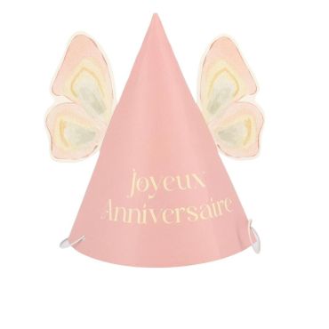 Chapeaux d'anniversaire roses pastel avec ailes de fée et texte Joyeux Anniversaire | jourdefete.com