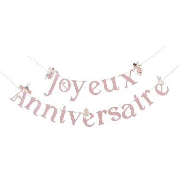 Guirlande Joyeux Anniversaire rose pastel avec fées et fleurs pour fête d’enfants | jourdefete.com