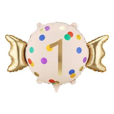 Ballon anniversaire aluminium en forme de bonbon avec pois multicolores et bordures dorées | jourdefete.com